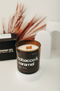 Tobacco Caramel 12  Soy, Wood Wick Candle